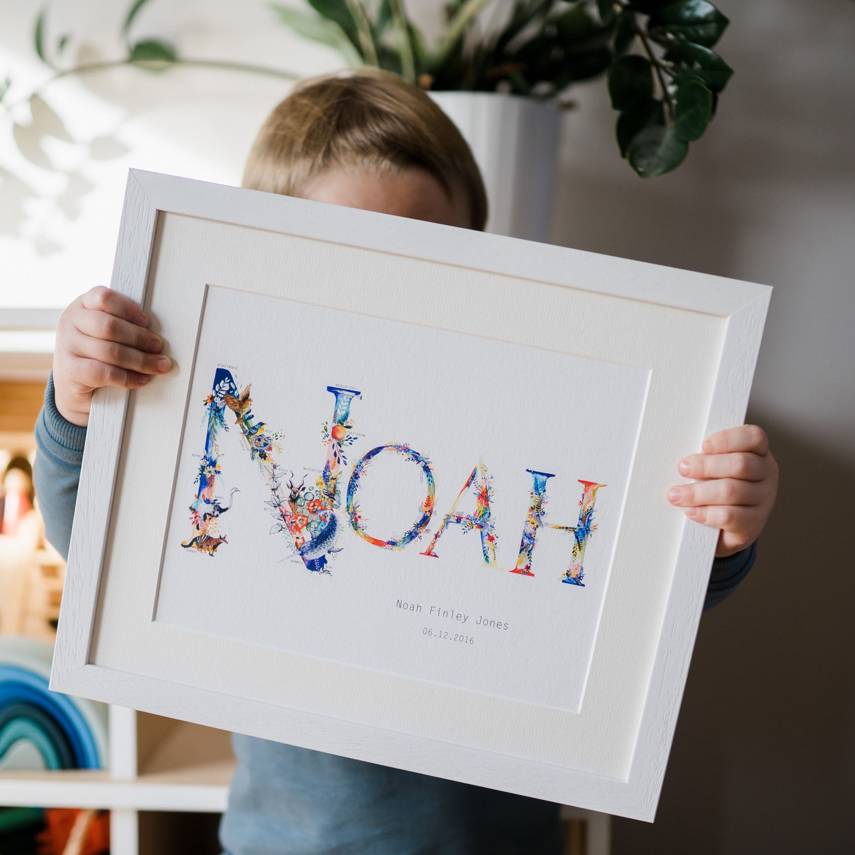 Personalised Bright Nature Name Print hand painted and illustrated by Charlotte Jones Design.