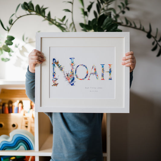 Personalised Bright Nature Name Print hand painted and illustrated by Charlotte Jones Design.  