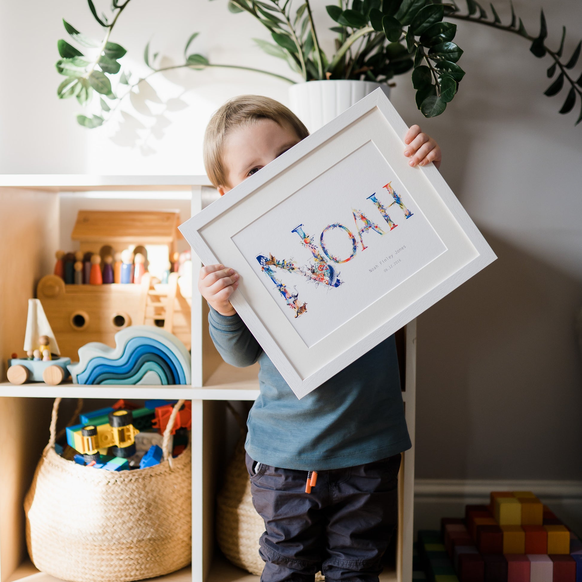 Personalised Bright Nature Name Print hand painted and illustrated by Charlotte Jones Design.