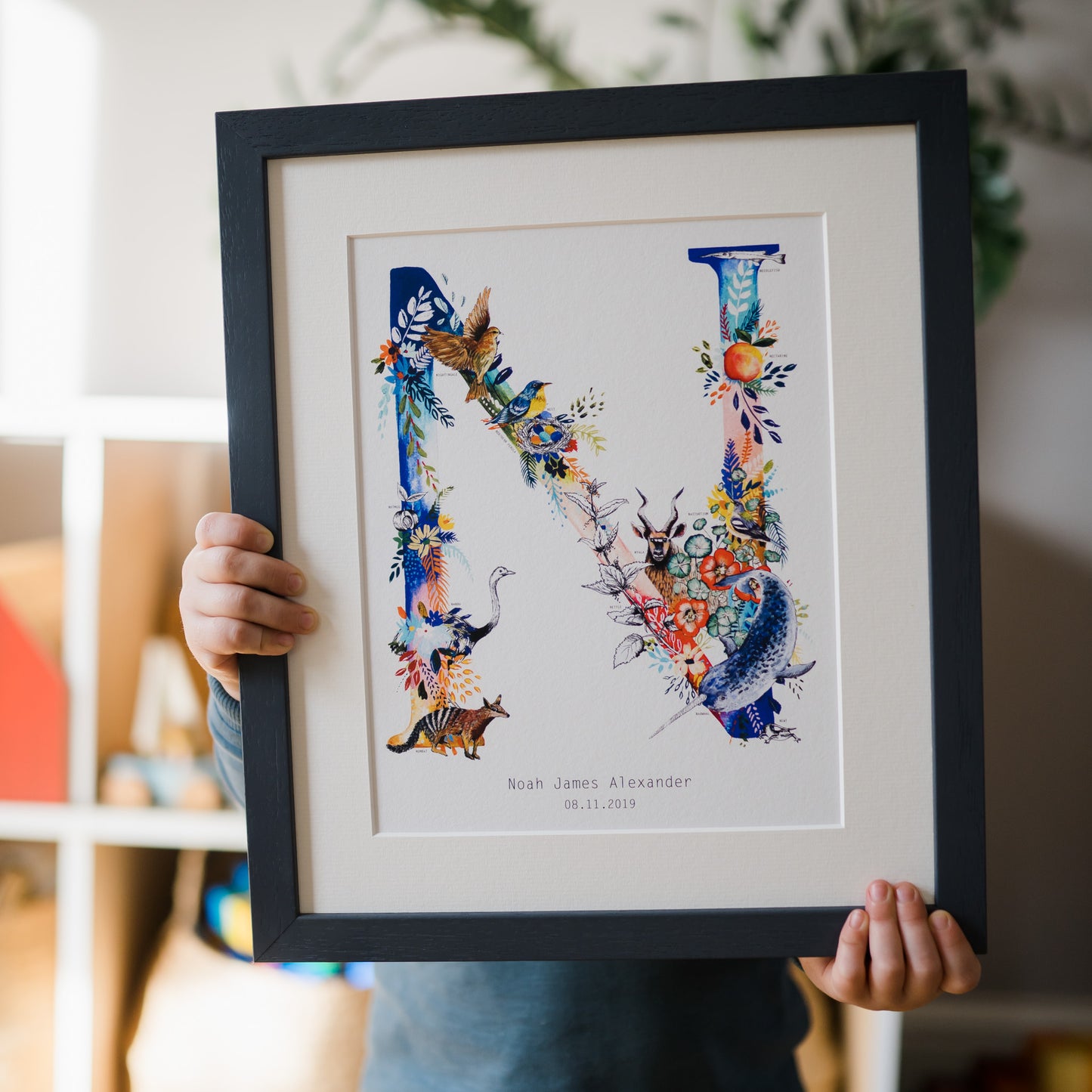 Personalised Bright Wildlife Initials Print hand painted and illustrated by Charlotte Jones Design.