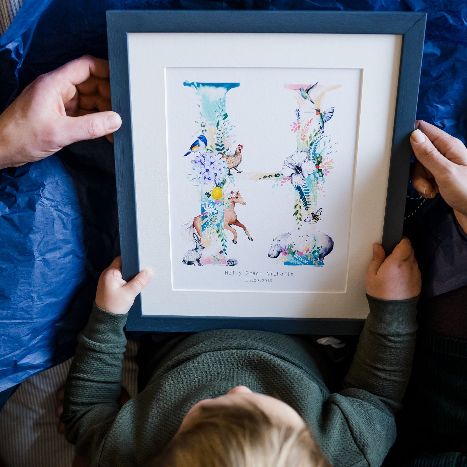 Personalised Pastel Wildlife Letter Print hand painted and illustrated by Charlotte Jones Design. 