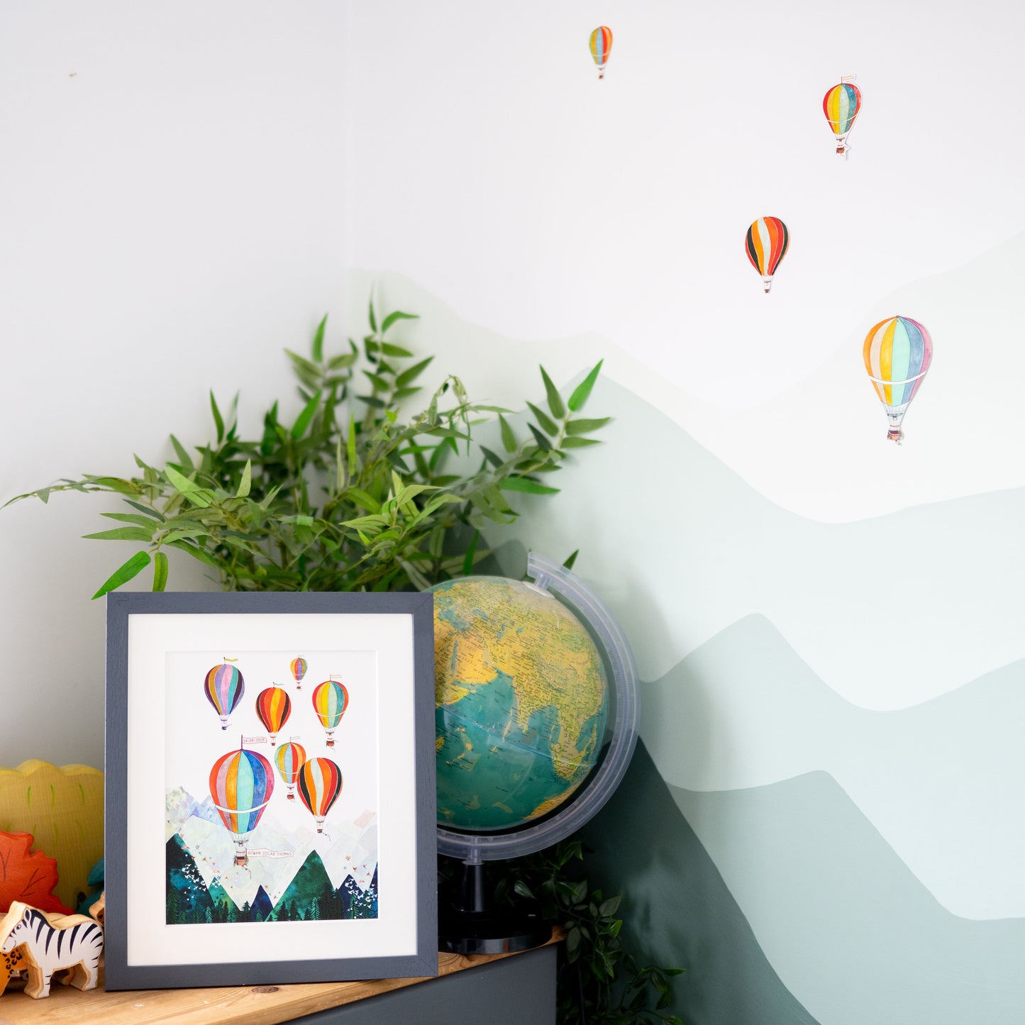 Personalised Mountain Air Balloons Print hand painted and illustrated by Charlotte Jones Design.