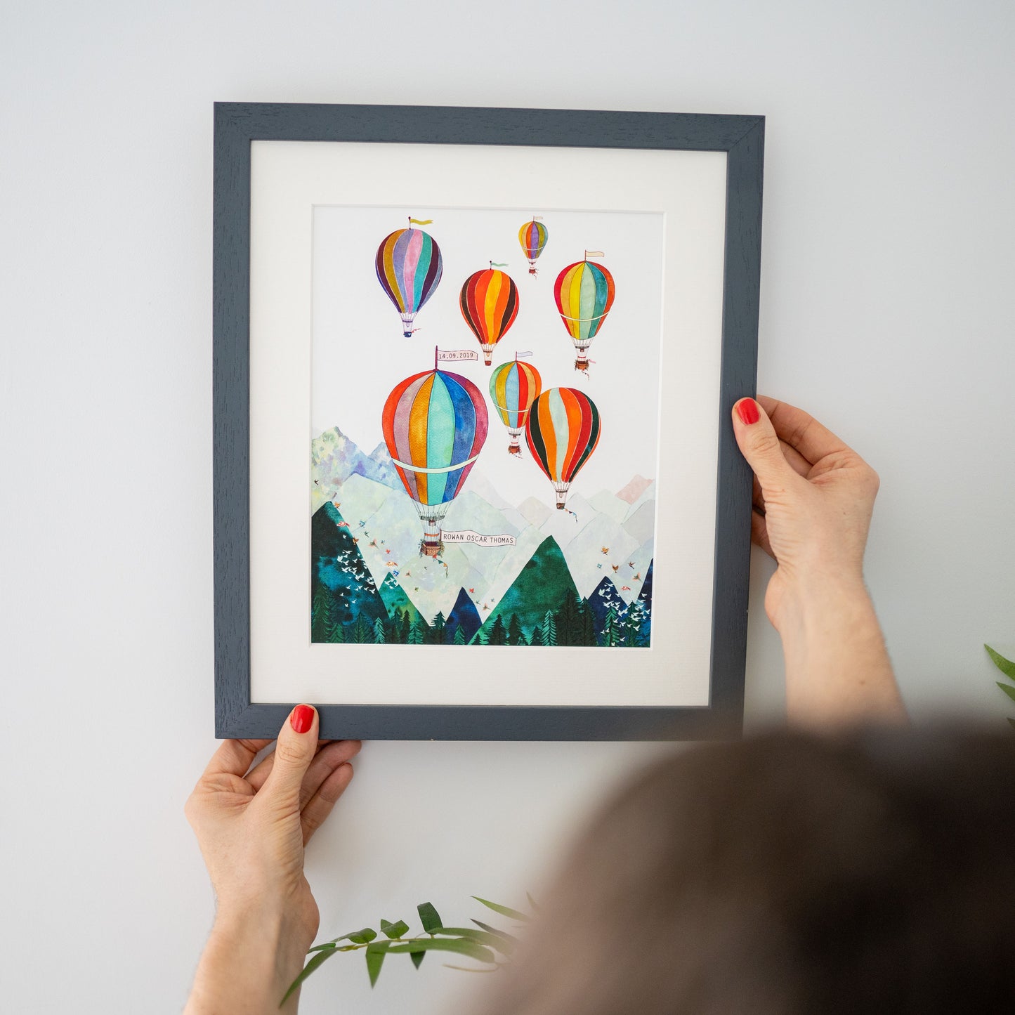 Personalised Mountain Air Balloons Print hand painted and illustrated by Charlotte Jones Design.