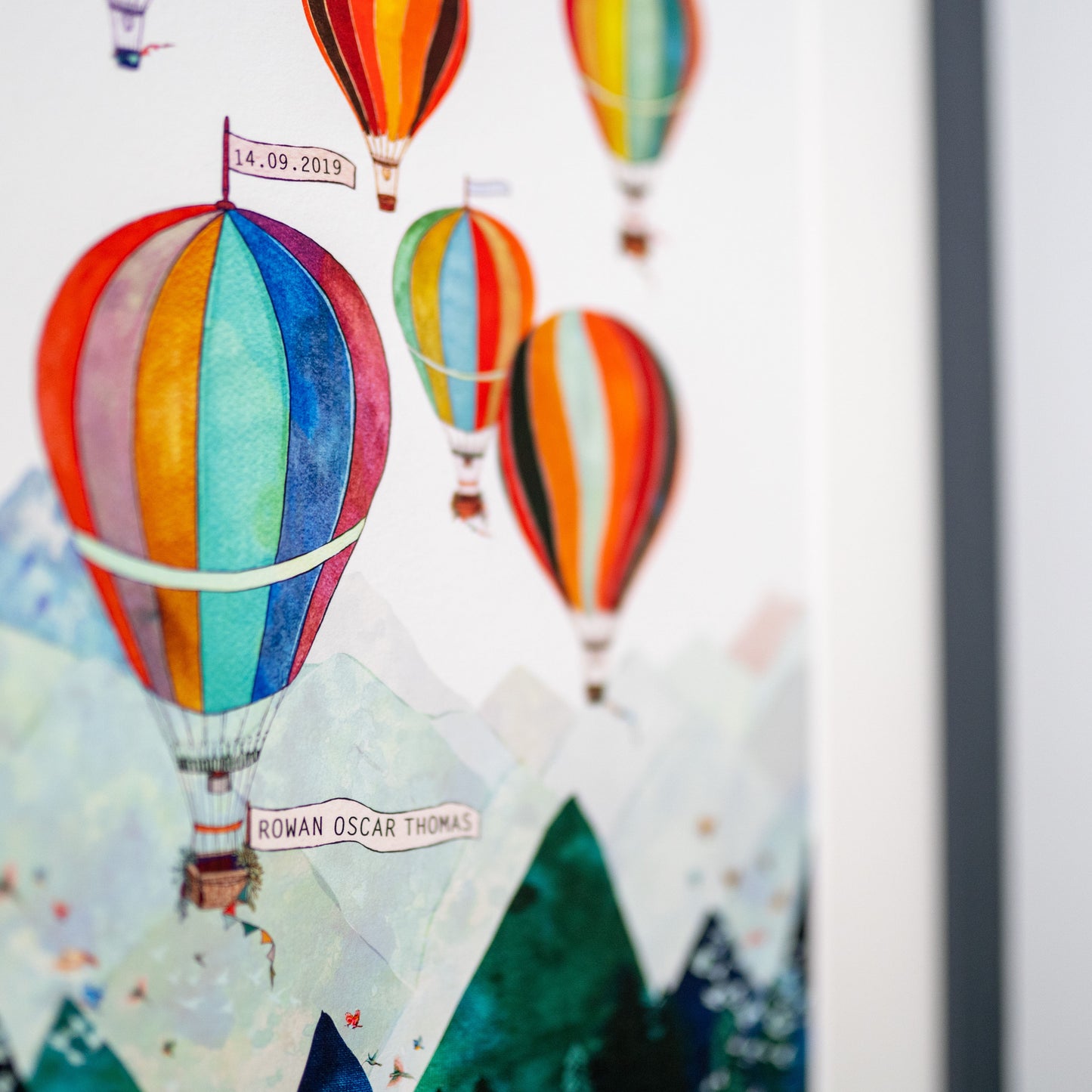 Personalised Mountain Air Balloons Print hand painted and illustrated by Charlotte Jones Design.