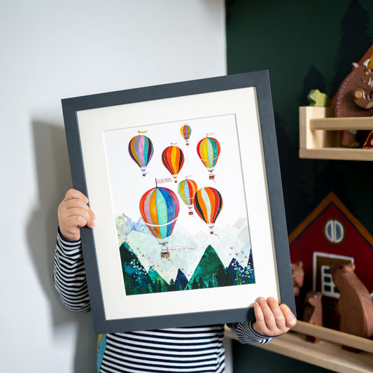 Personalised Mountain Air Balloons Print hand painted and illustrated by Charlotte Jones Design.