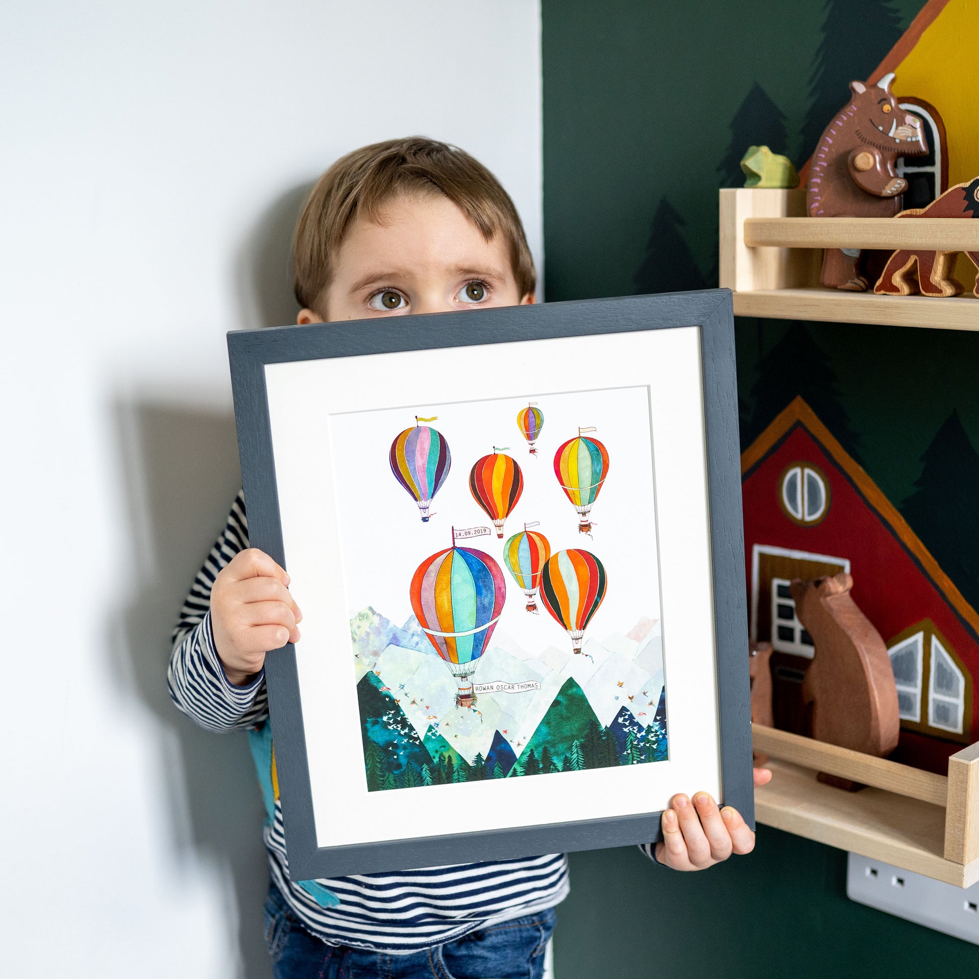 Personalised Mountain Air Balloons Print hand painted and illustrated by Charlotte Jones Design.