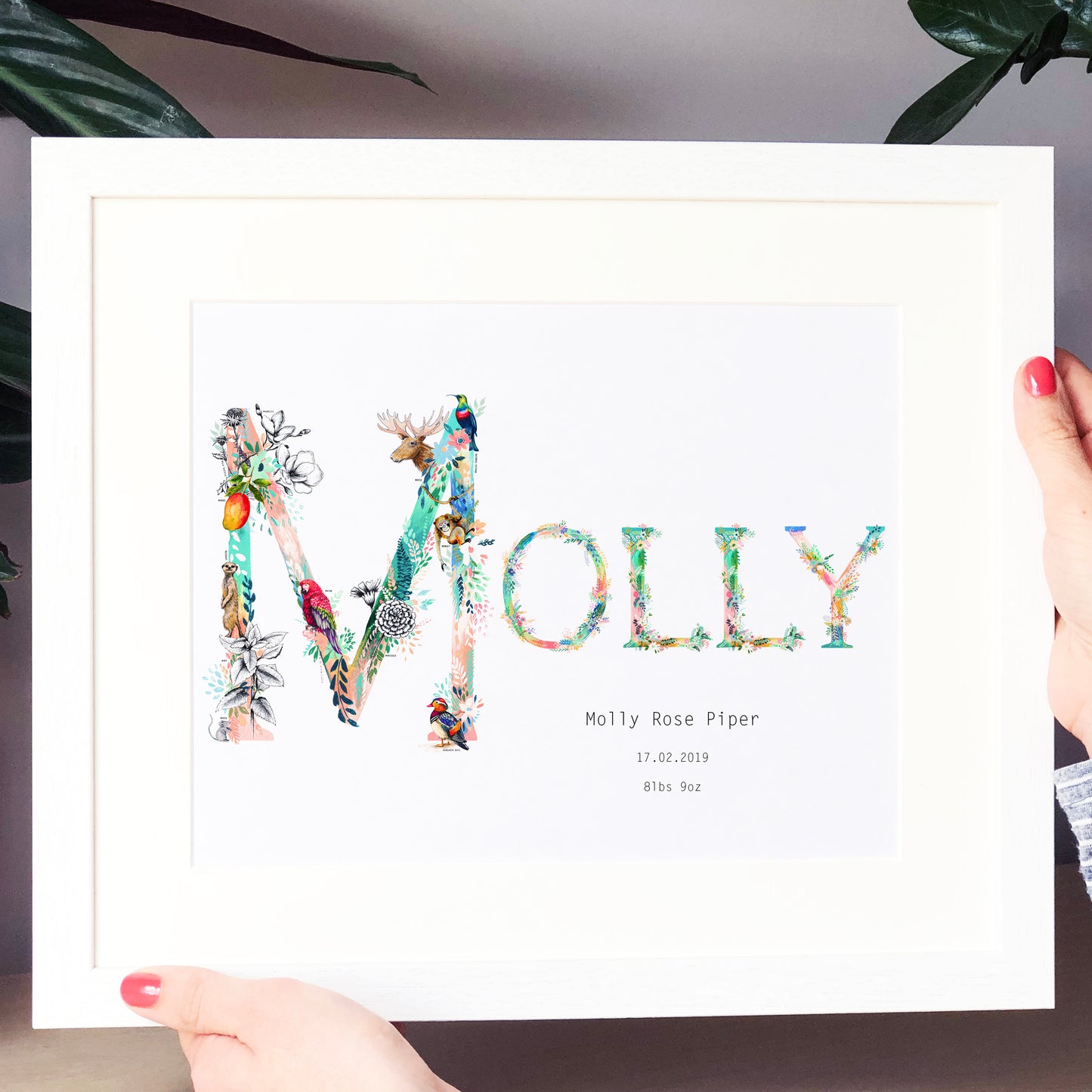 Personalised Pastel Nature Name Print hand painted and illustrated by Charlotte Jones Design.