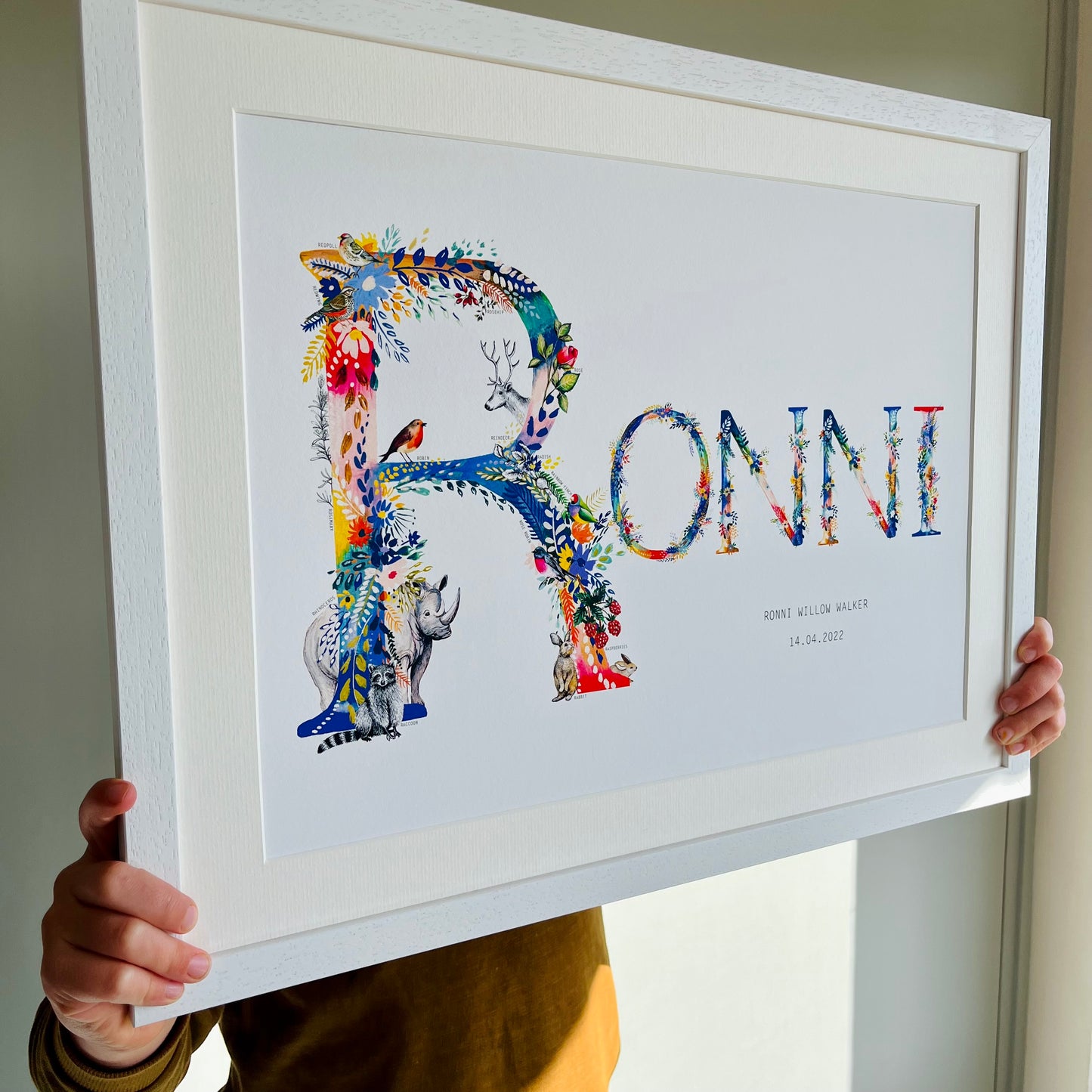 Personalised Bright Nature Name Print hand painted and illustrated by Charlotte Jones Design.