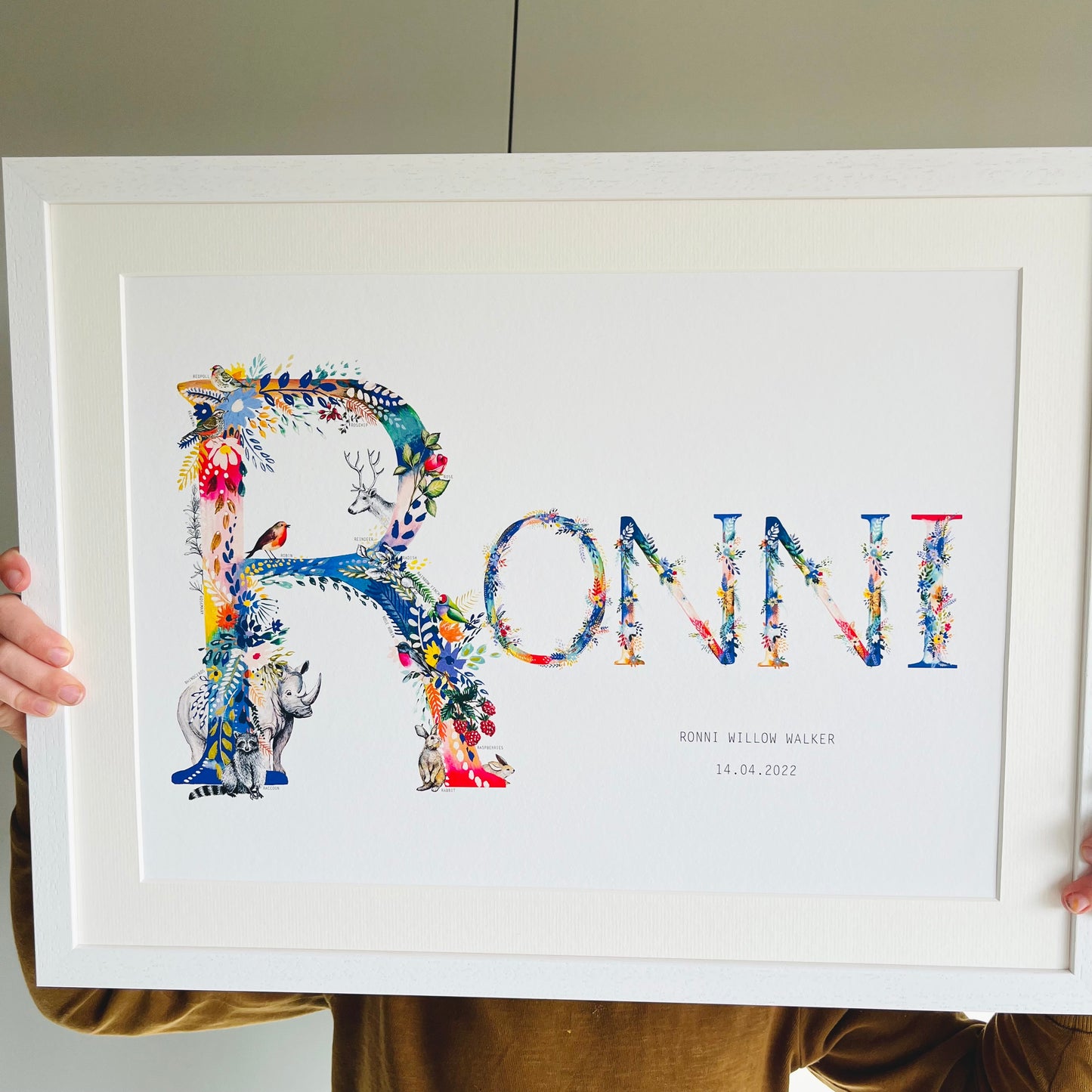 Personalised Bright Nature Name Print hand painted and illustrated by Charlotte Jones Design.