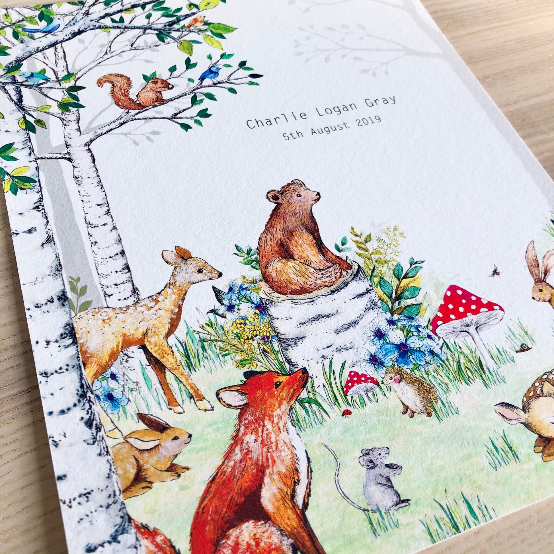 A Personalised Woodland Animals Nursery Print hand painted and illustrated by Charlotte Jones Design.  