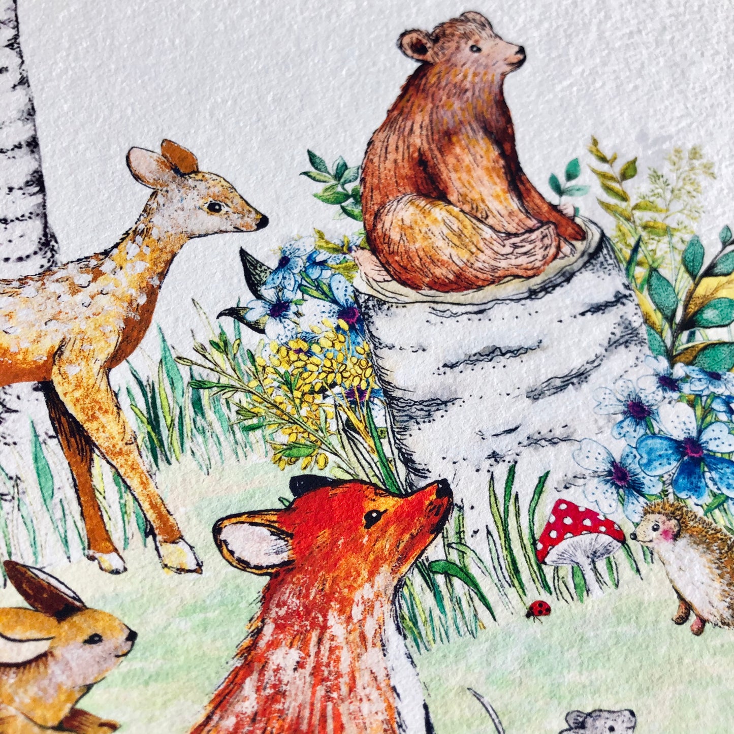 A Personalised Woodland Animals Nursery Print hand painted and illustrated by Charlotte Jones Design.  