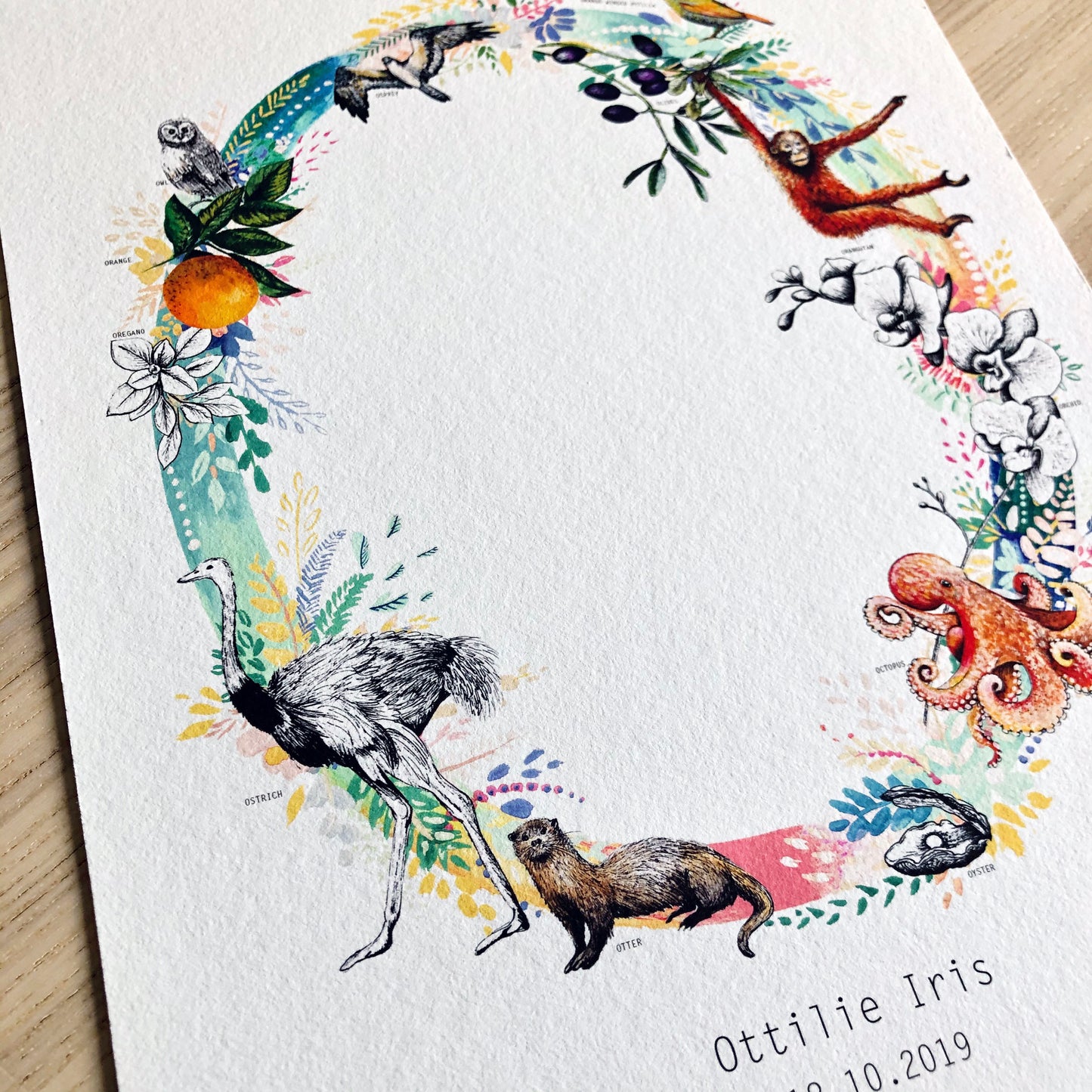 Personalised Pastel Wildlife Letter Print hand painted and illustrated by Charlotte Jones Design.