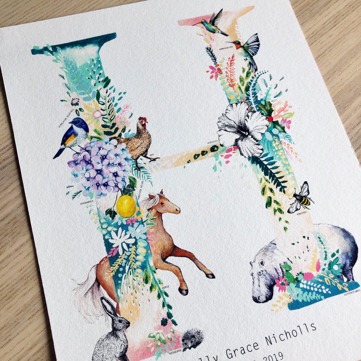 Personalised Pastel Wildlife Letter Print hand painted and illustrated by Charlotte Jones Design.