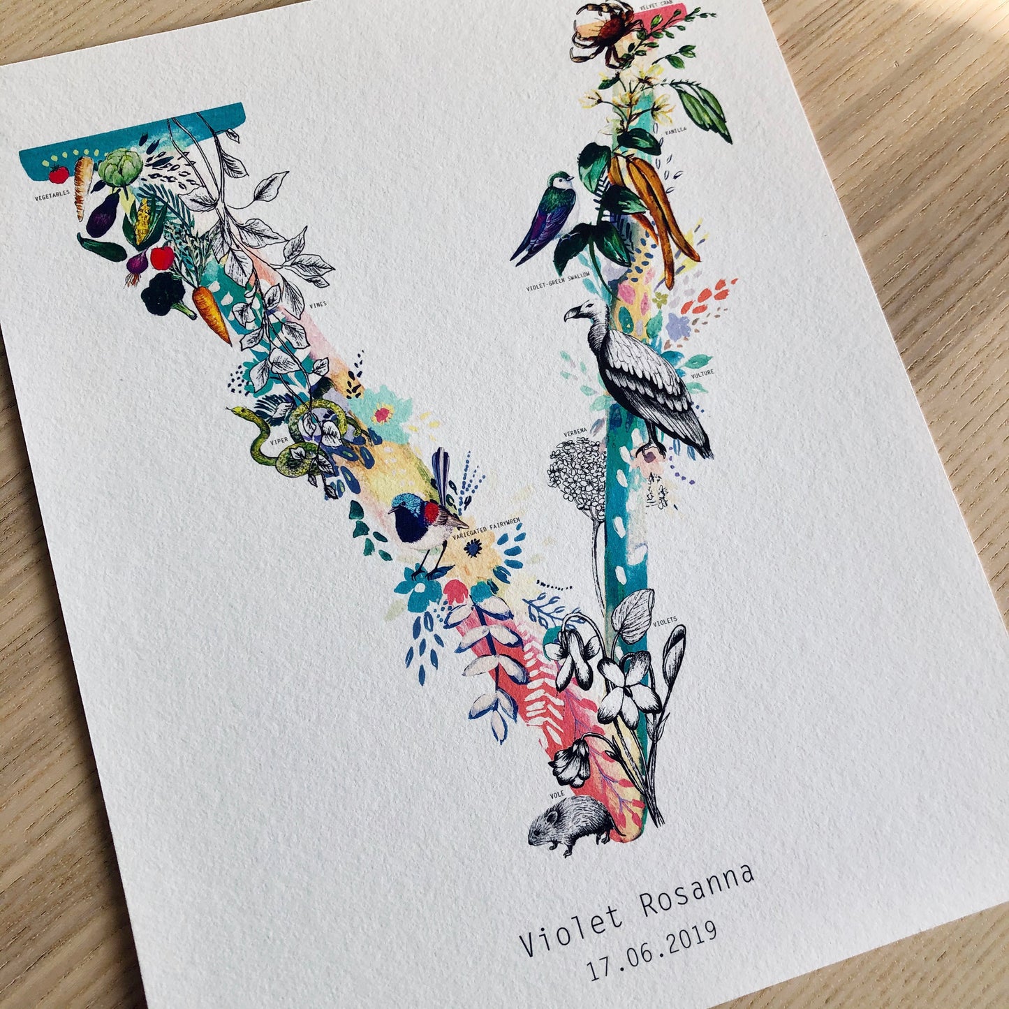 Personalised Pastel Wildlife Letter Print hand painted and illustrated by Charlotte Jones Design.