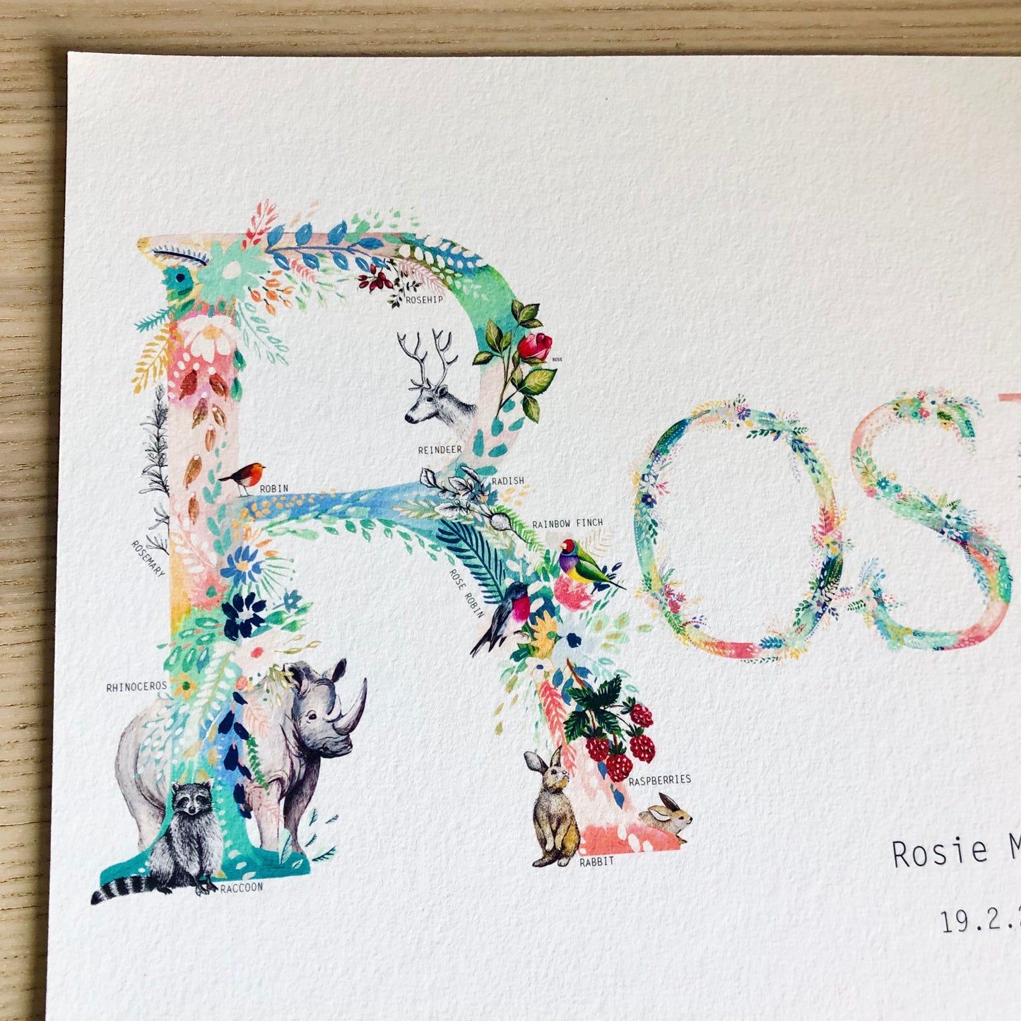 Personalised Pastel Nature Name Print hand painted and illustrated by Charlotte Jones Design.