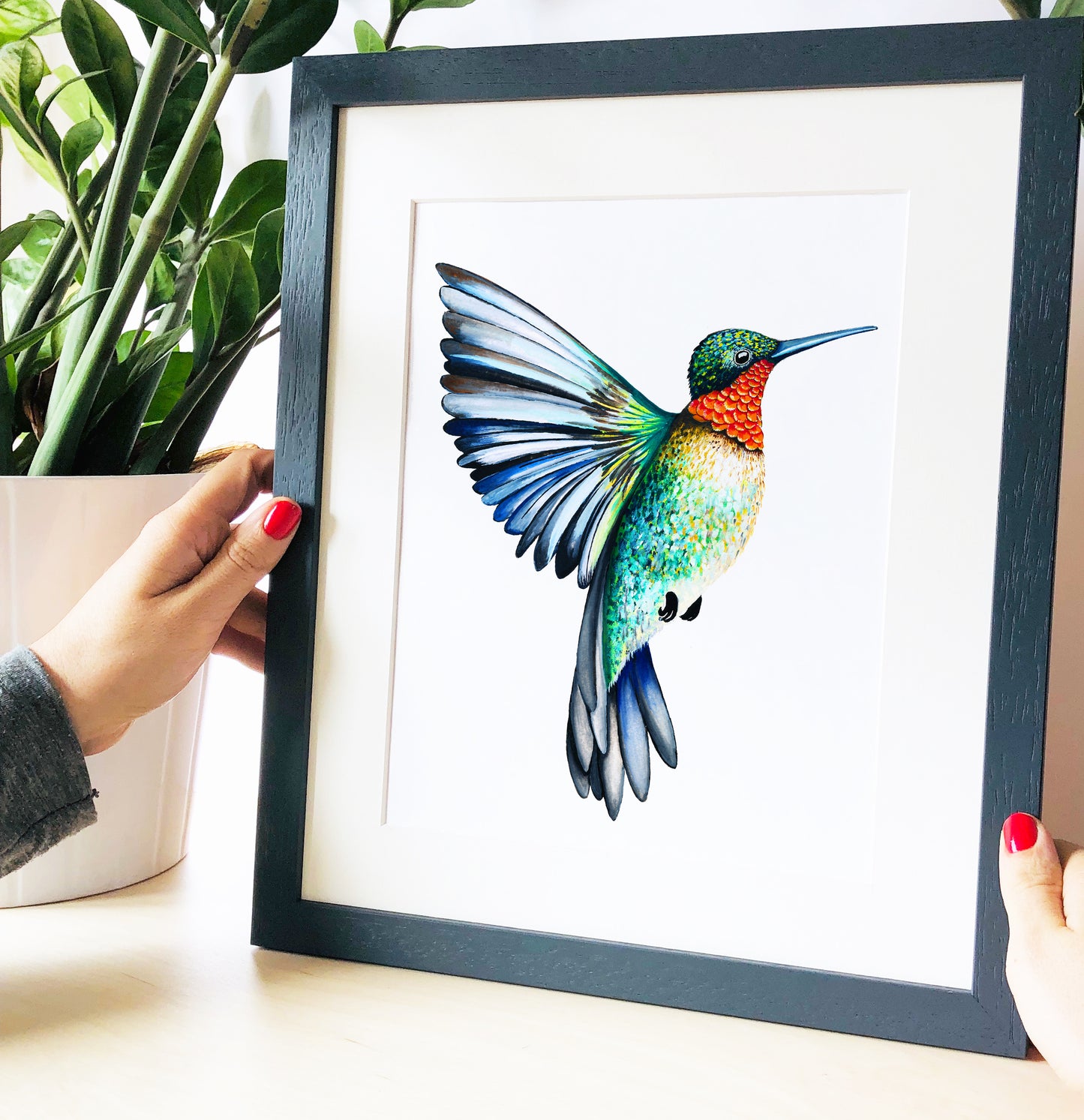 Ruby-Throated Hummingbird Print hand painted and illustrated by Charlotte Jones Design.